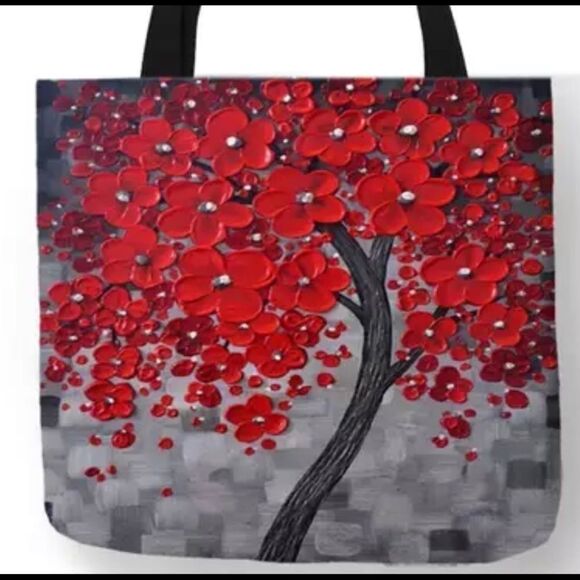 RED FLOWER TREE TOTE BAG - Picture 1 of 6